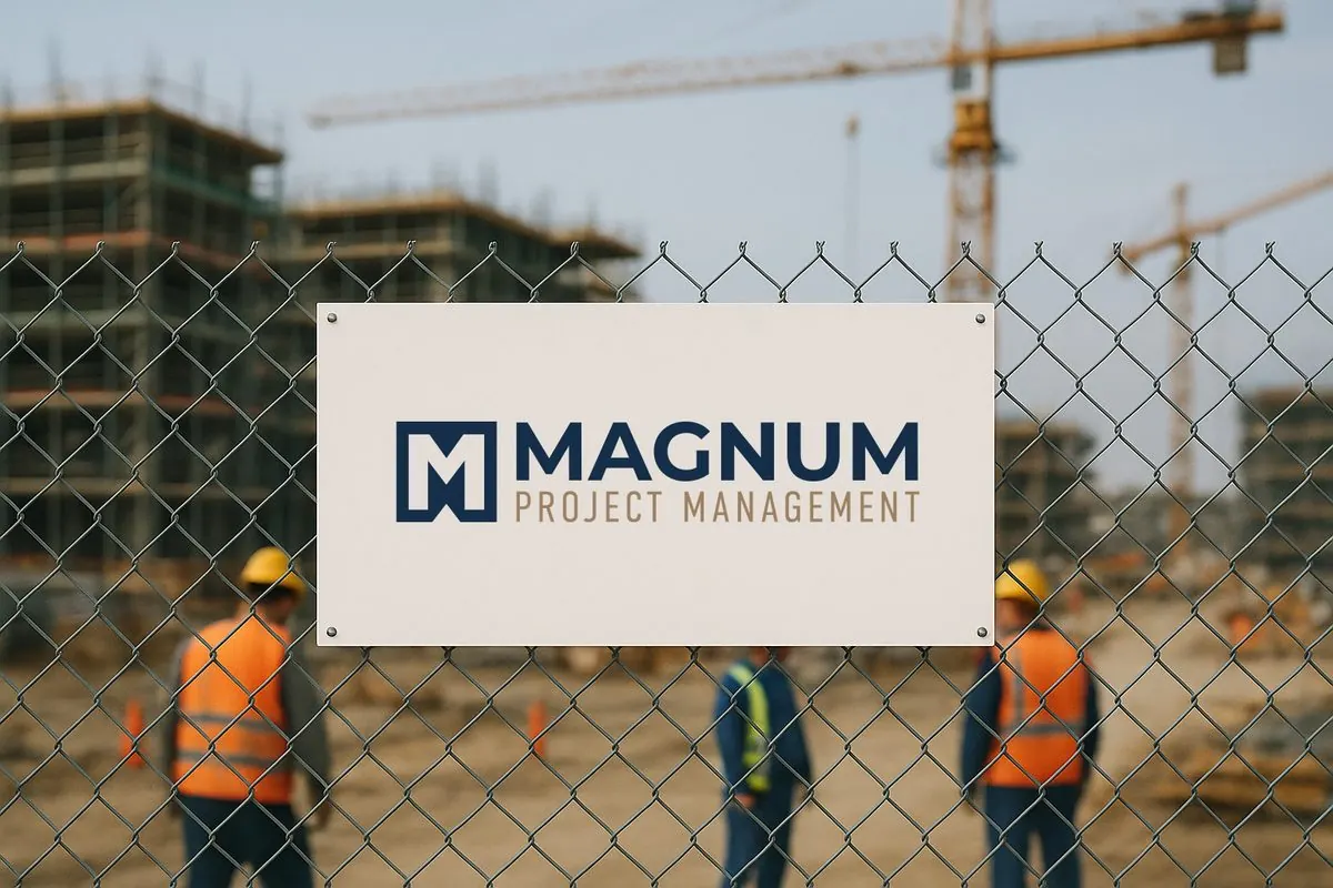 Magnum Project Management logo on construction site fence sign