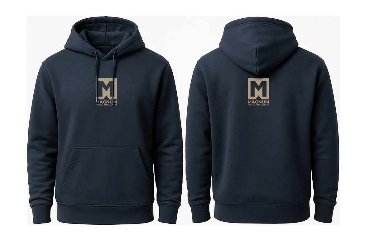 Magnum Project Management logo on navy hoodie