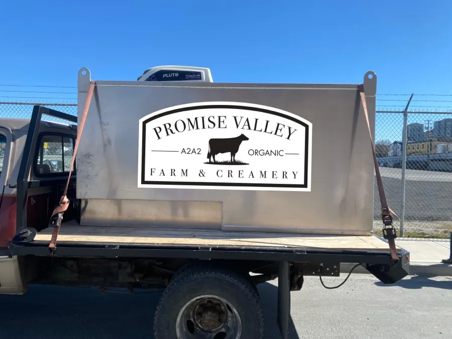Promise Valley Farm and Creamery logo on delivery truck